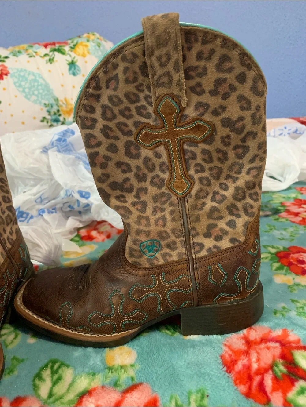 Ariat Crossroads Leather Square Toe Cowgirl Boots Embroidered & Leopard Print - Picture 6 of 12